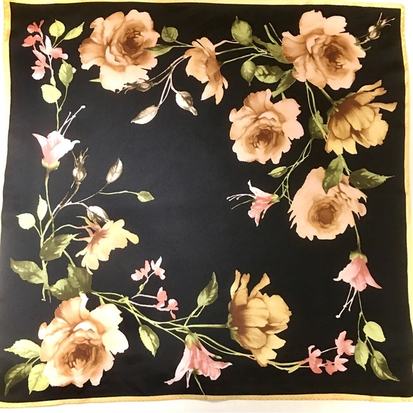 KASPER SILK SCARF STUNNING CONTRASTING BLACK ROSE & BEIGE FLORAL PRINT EUC - Picture 2 of 7